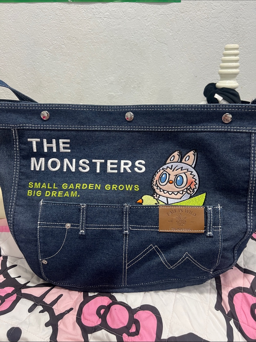 The Monsters Labubu Denim Tote Bag with Cute Monster Graphic - Navy Blue